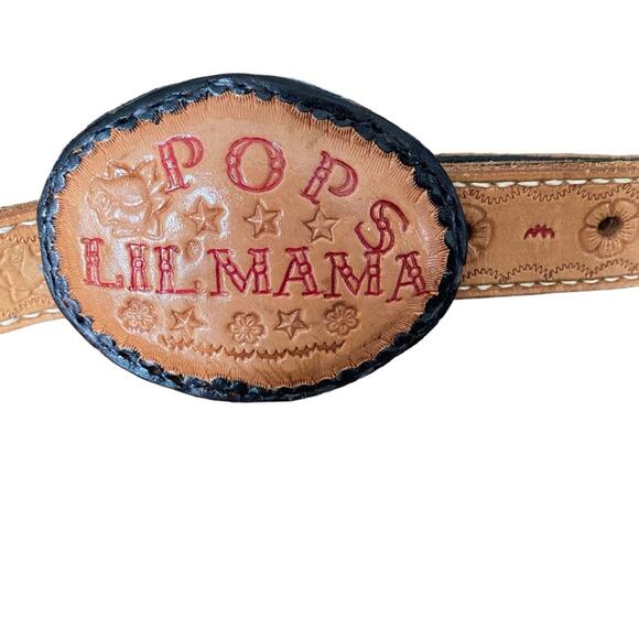 Vintage Tan Leather Stamped Belt Lil Mama Pops Tim Floral size XL - Picture 2 of 8
